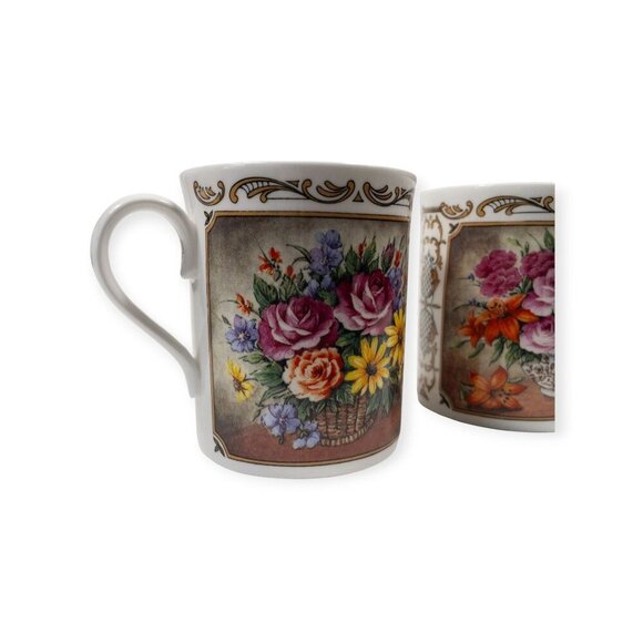 Royal Worcester Porcelain Floral Bouquet Scroll Coffee/Tea Mugs Set Of 2 Fine Bo - Picture 12 of 15